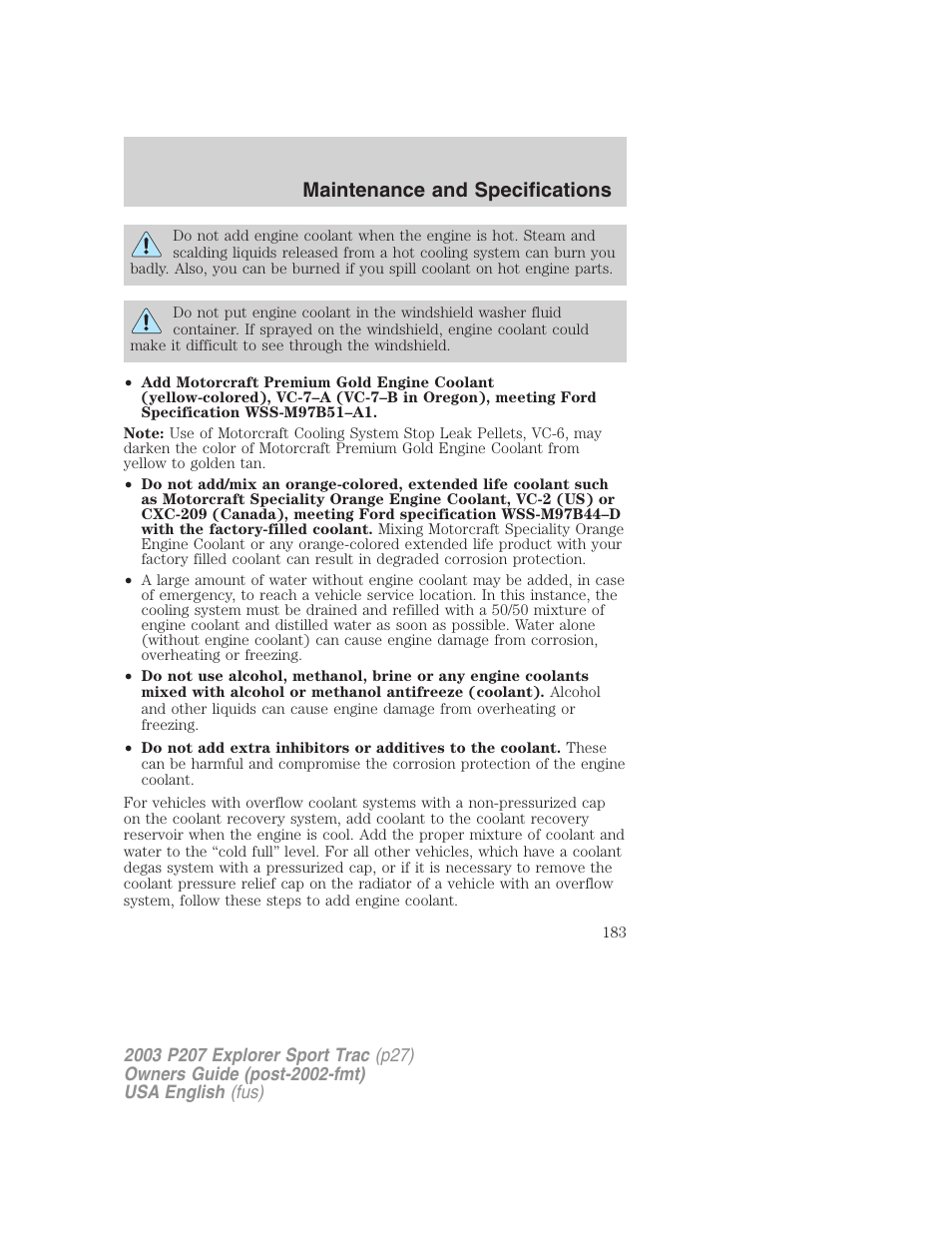 Maintenance and specifications | FORD 2003 Explorer Sport Trac v.4 User Manual | Page 183 / 216