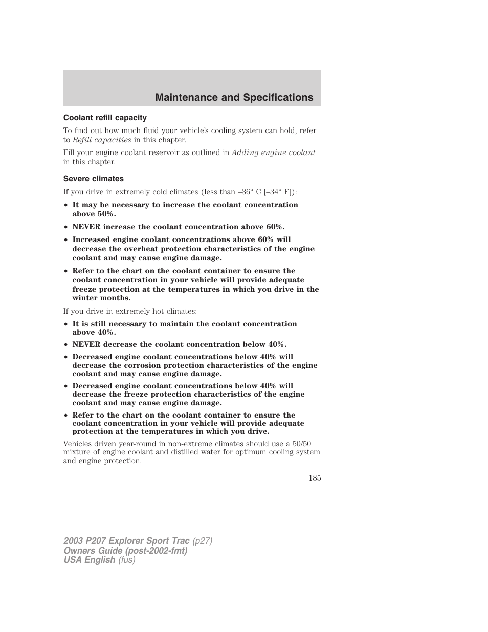 Maintenance and specifications | FORD 2003 Explorer Sport Trac v.4 User Manual | Page 185 / 216