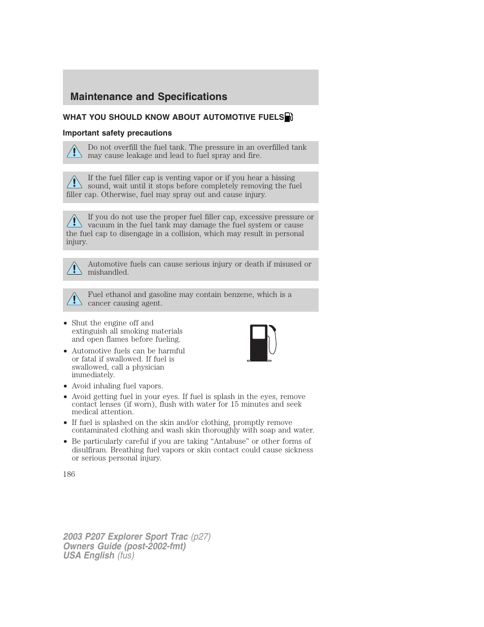 Maintenance and specifications | FORD 2003 Explorer Sport Trac v.4 User Manual | Page 186 / 216