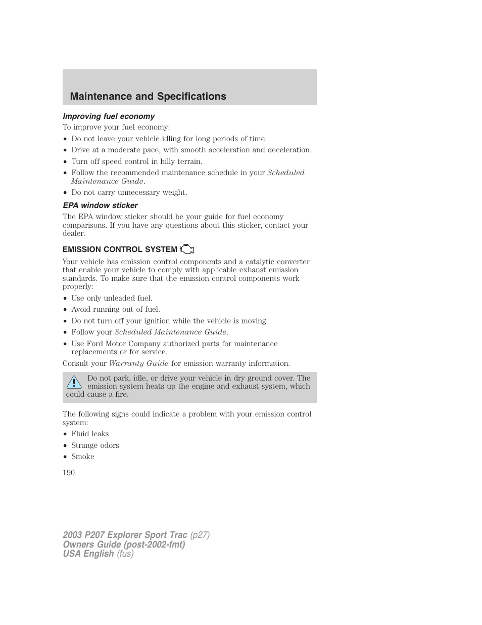 Maintenance and specifications | FORD 2003 Explorer Sport Trac v.4 User Manual | Page 190 / 216