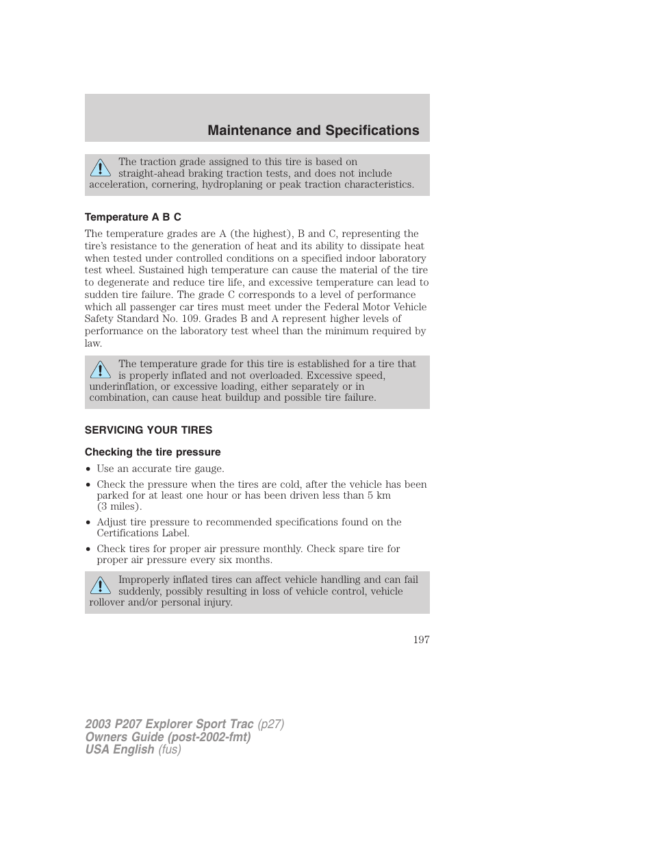 Maintenance and specifications | FORD 2003 Explorer Sport Trac v.4 User Manual | Page 197 / 216