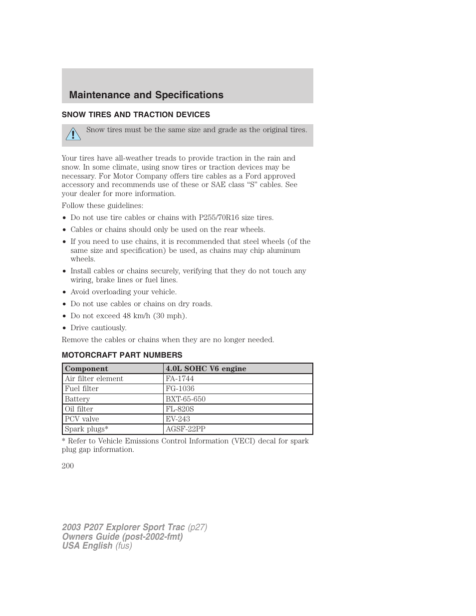 Maintenance and specifications | FORD 2003 Explorer Sport Trac v.4 User Manual | Page 200 / 216