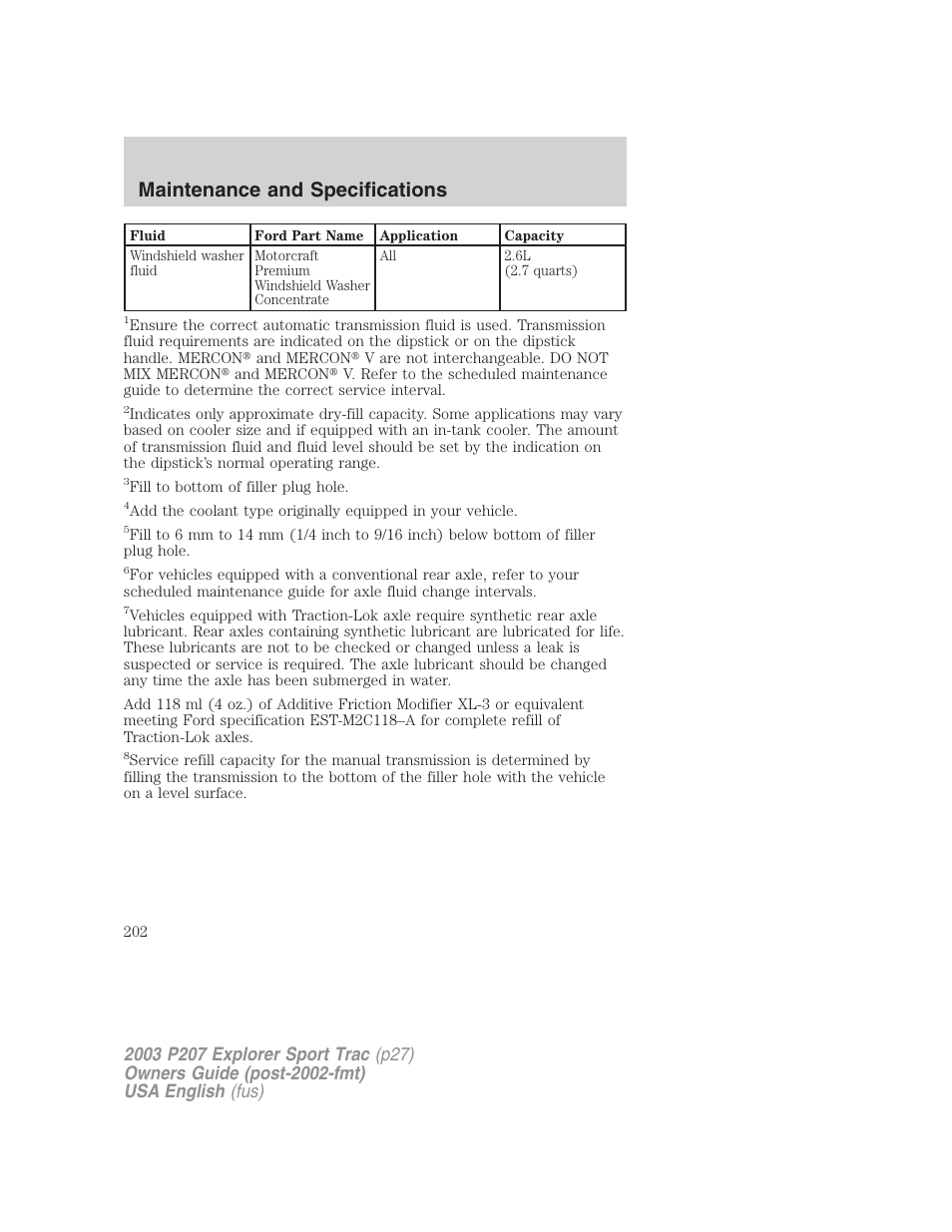 Maintenance and specifications | FORD 2003 Explorer Sport Trac v.4 User Manual | Page 202 / 216