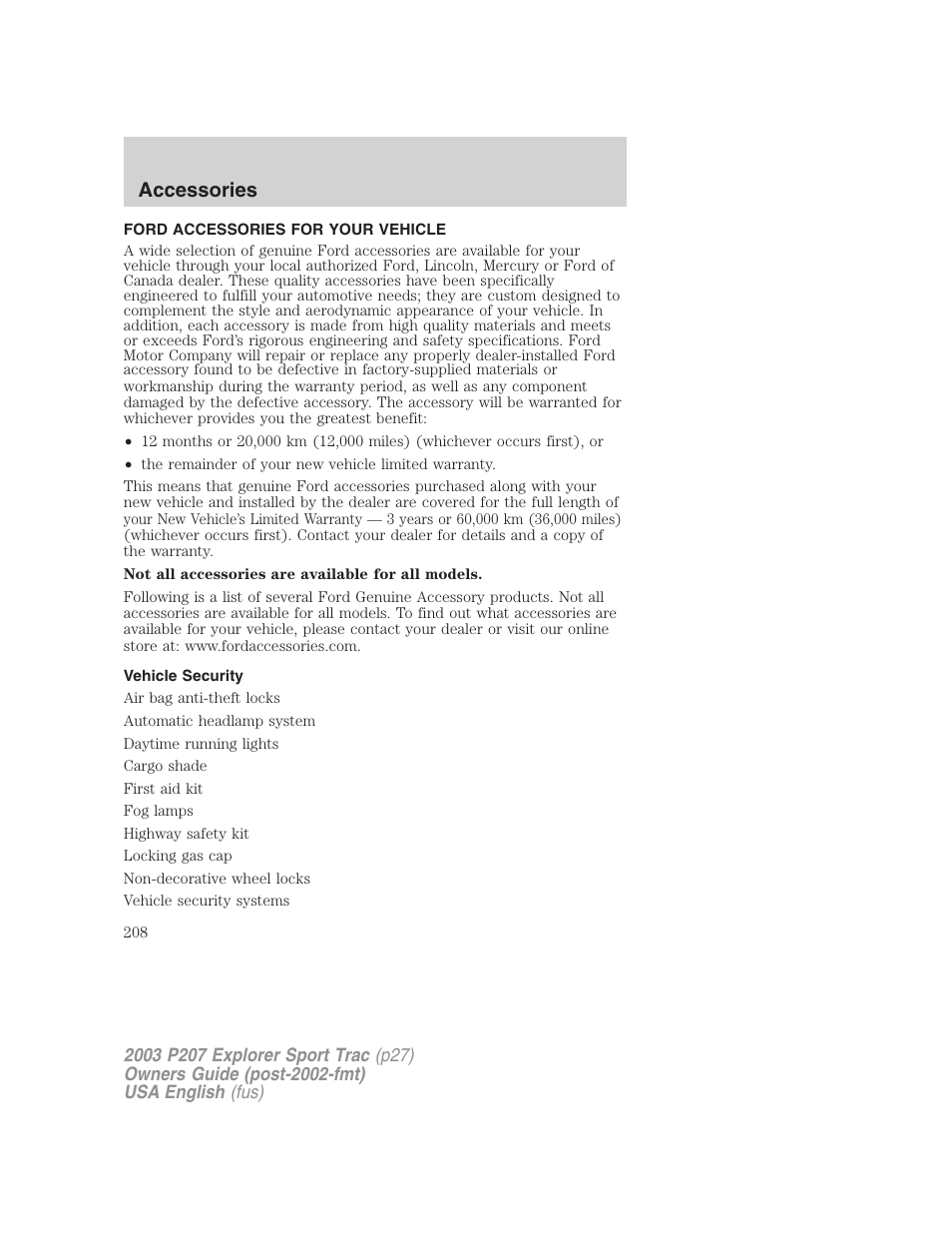 Accessories | FORD 2003 Explorer Sport Trac v.4 User Manual | Page 208 / 216