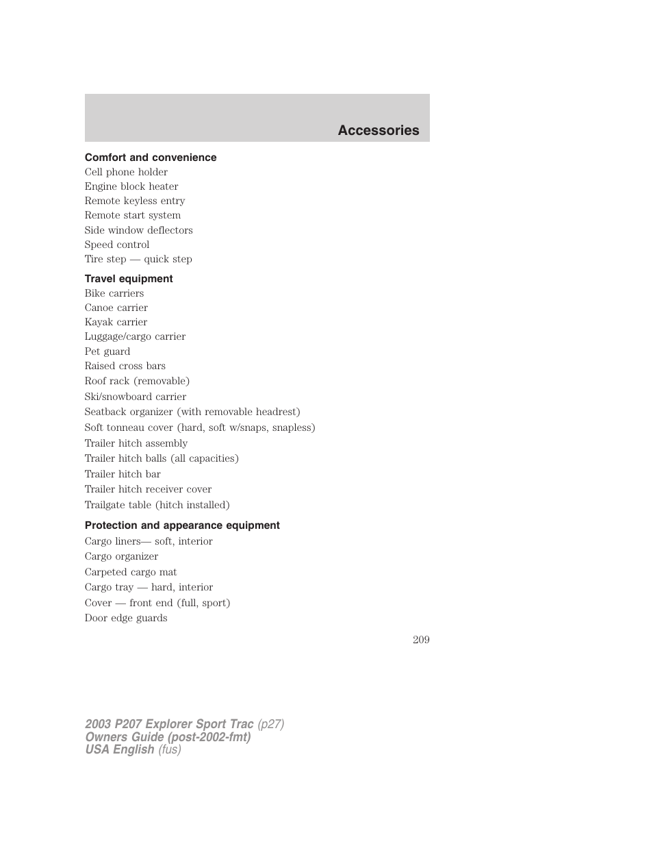 Accessories | FORD 2003 Explorer Sport Trac v.4 User Manual | Page 209 / 216