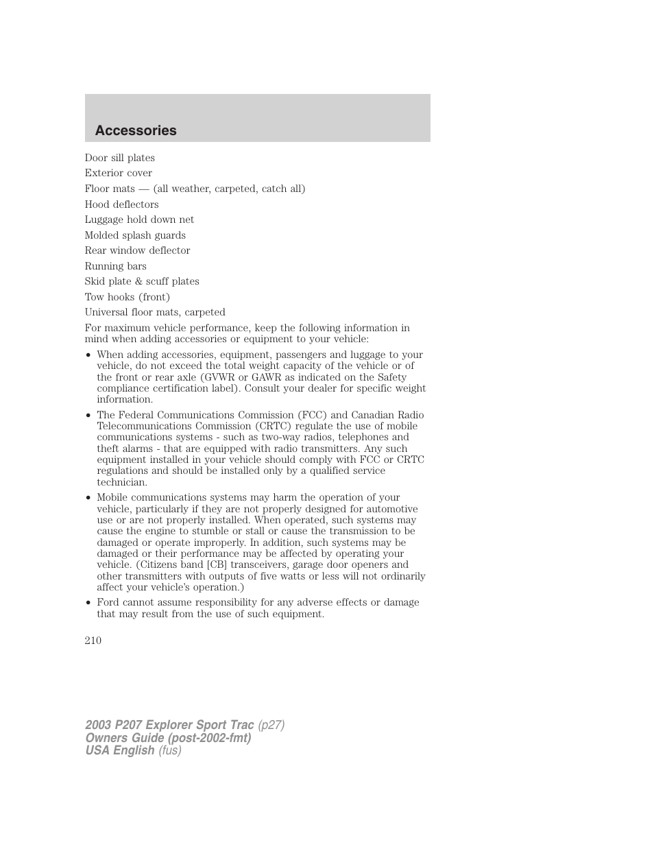 Accessories | FORD 2003 Explorer Sport Trac v.4 User Manual | Page 210 / 216