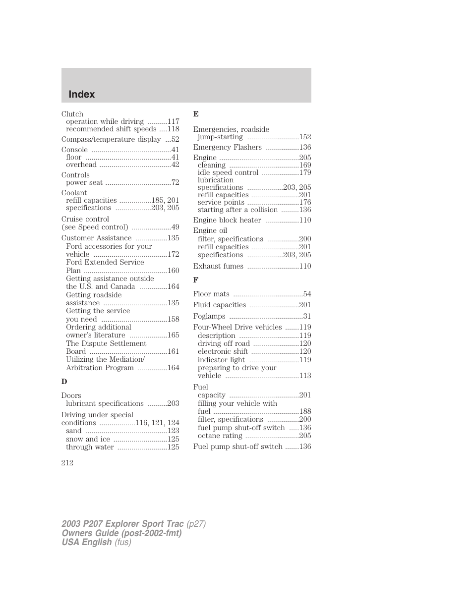 Index | FORD 2003 Explorer Sport Trac v.4 User Manual | Page 212 / 216