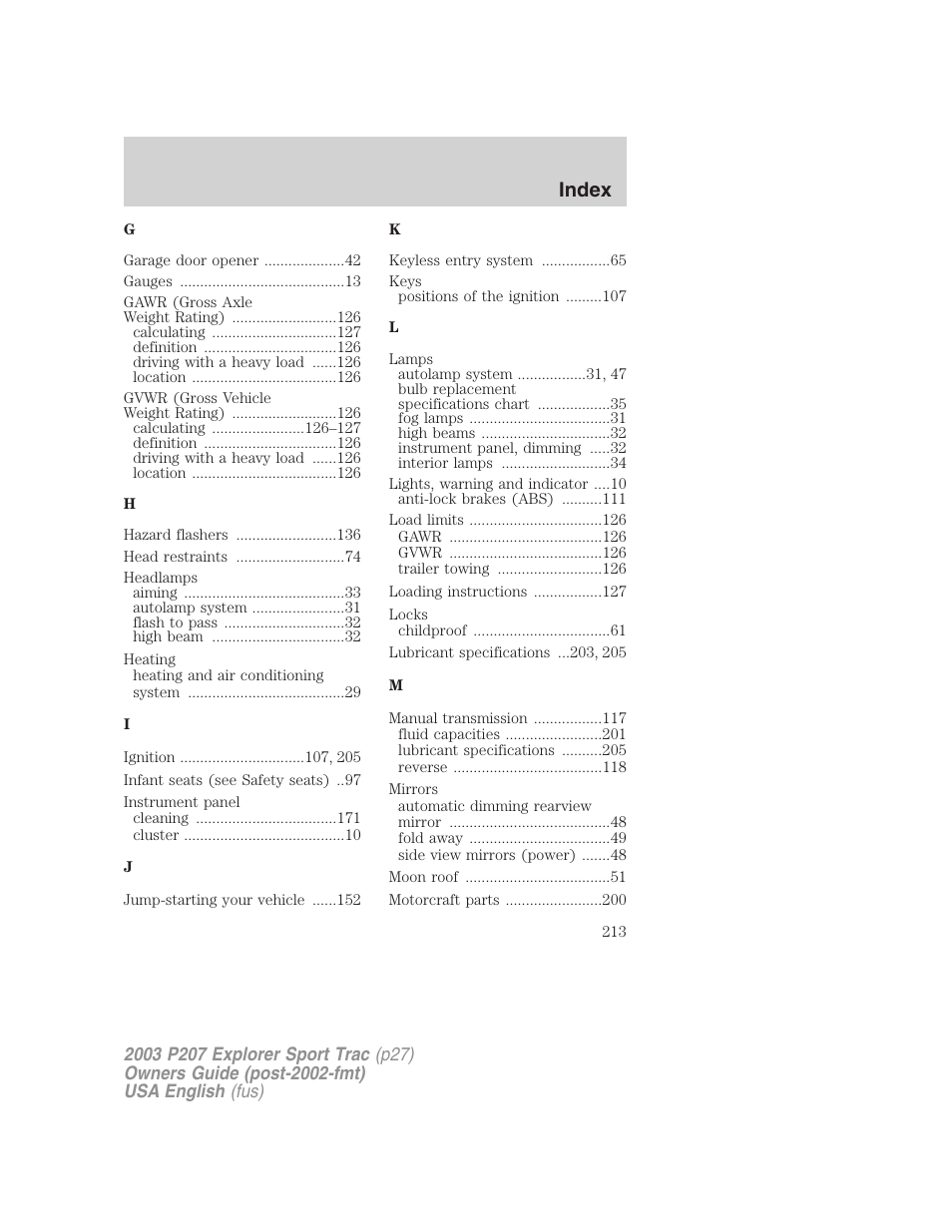 Index | FORD 2003 Explorer Sport Trac v.4 User Manual | Page 213 / 216