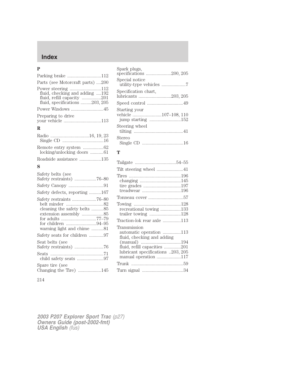 Index | FORD 2003 Explorer Sport Trac v.4 User Manual | Page 214 / 216