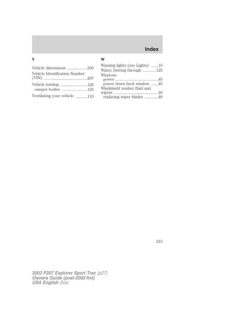 Index | FORD 2003 Explorer Sport Trac v.4 User Manual | Page 215 / 216