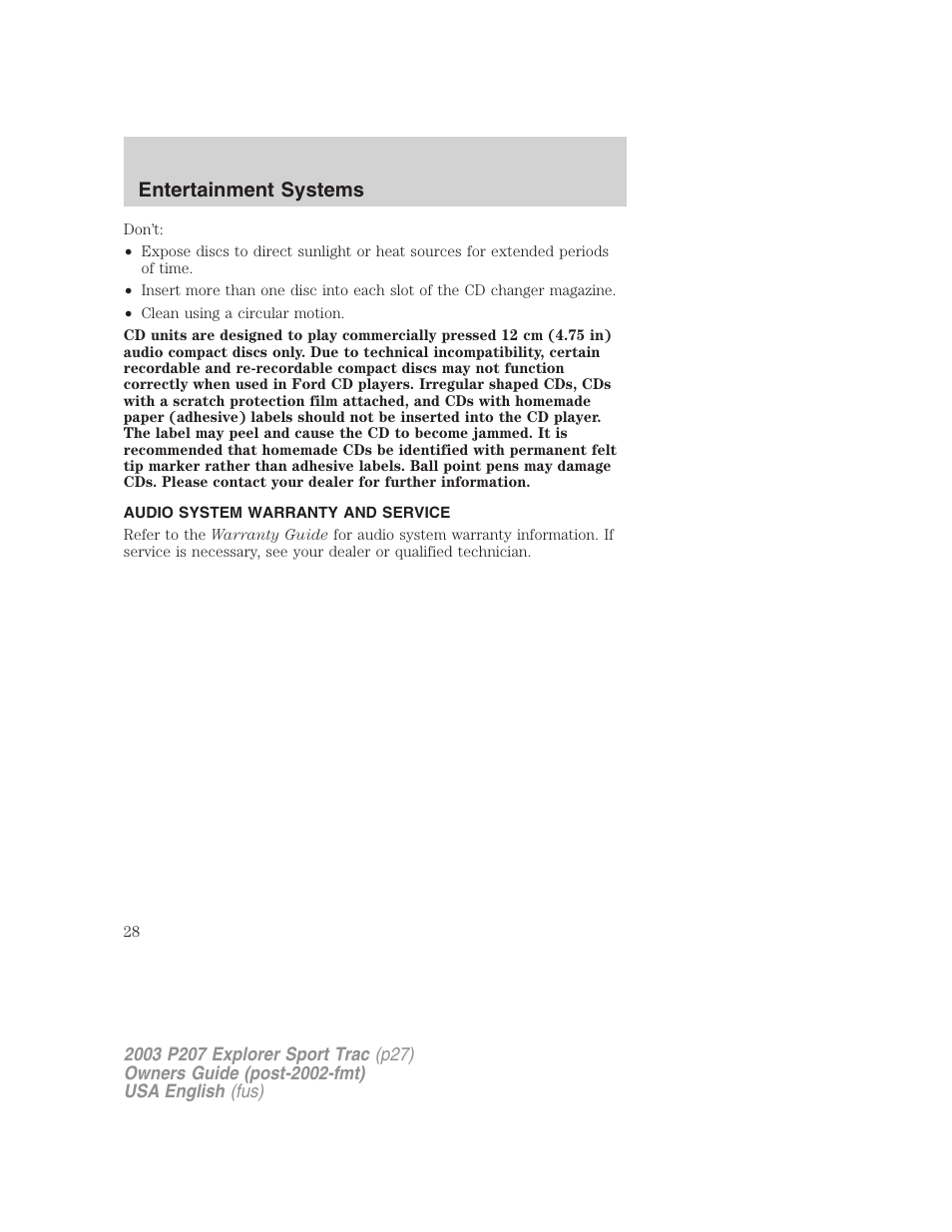 Entertainment systems | FORD 2003 Explorer Sport Trac v.4 User Manual | Page 28 / 216
