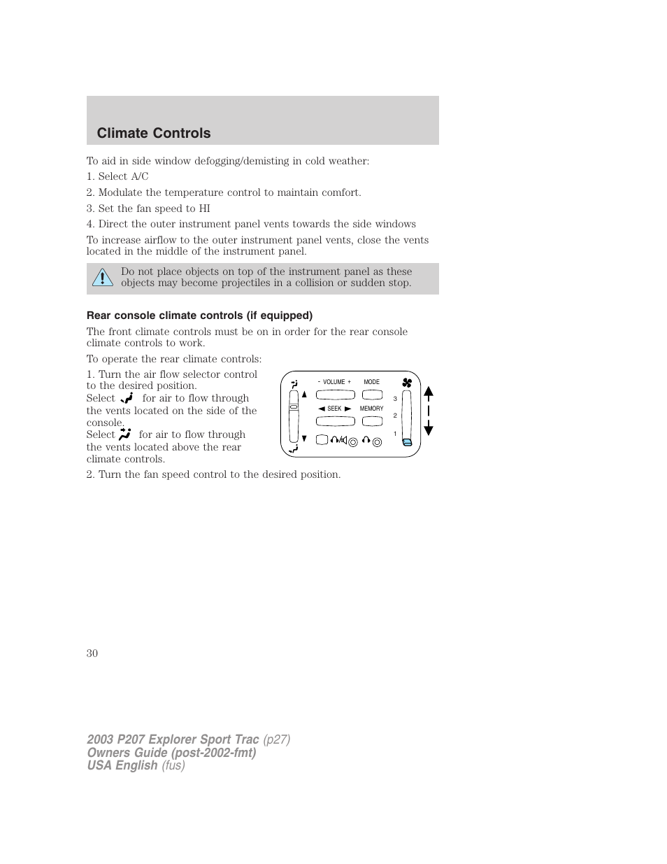 Climate controls | FORD 2003 Explorer Sport Trac v.4 User Manual | Page 30 / 216