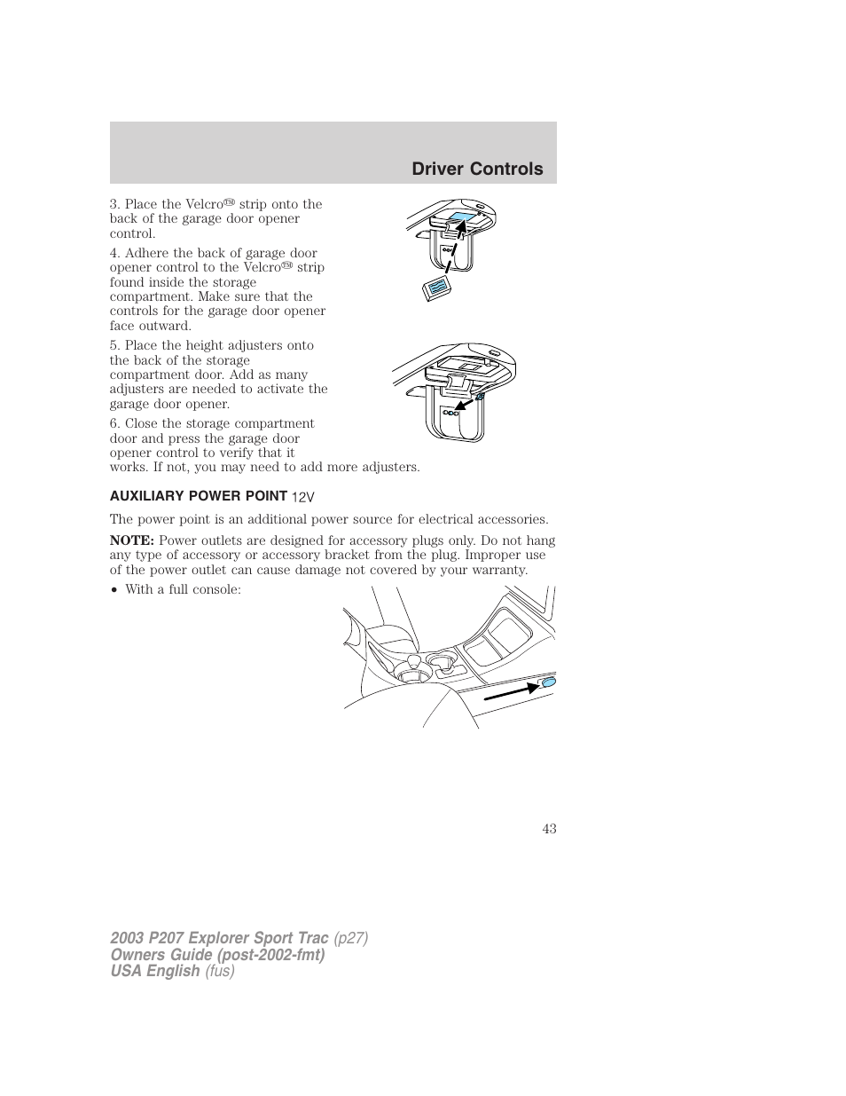 Driver controls | FORD 2003 Explorer Sport Trac v.4 User Manual | Page 43 / 216