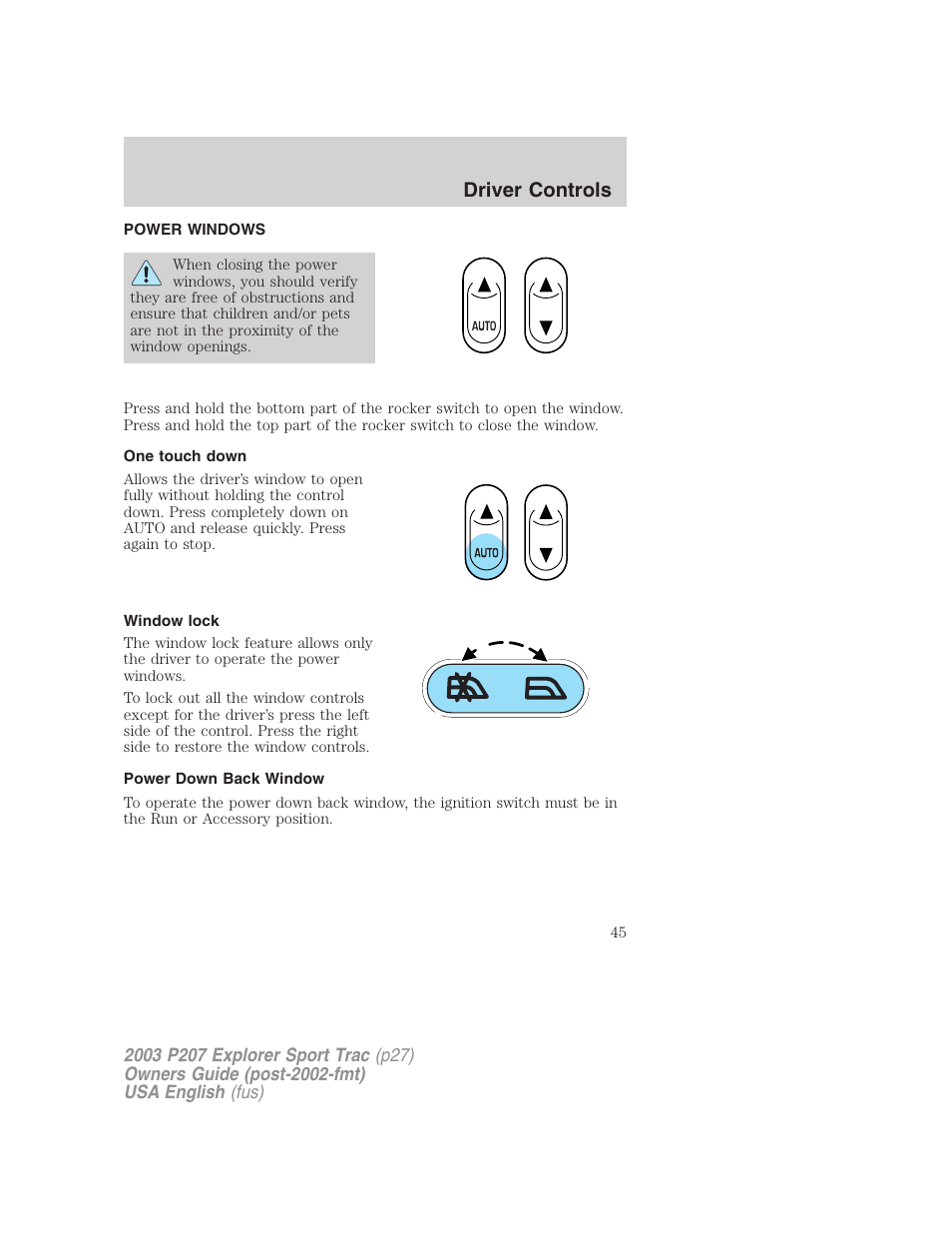 Driver controls | FORD 2003 Explorer Sport Trac v.4 User Manual | Page 45 / 216