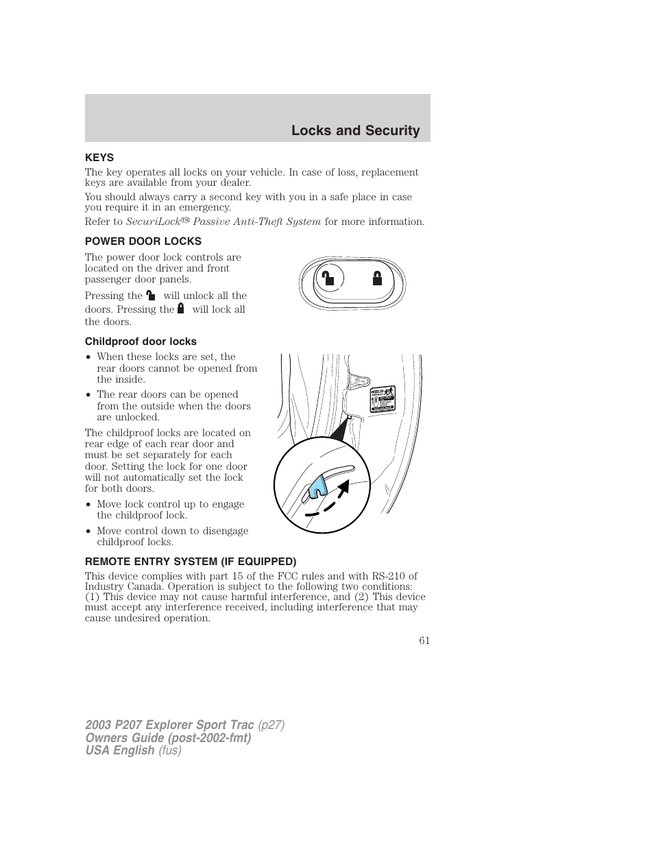 Locks and security | FORD 2003 Explorer Sport Trac v.4 User Manual | Page 61 / 216