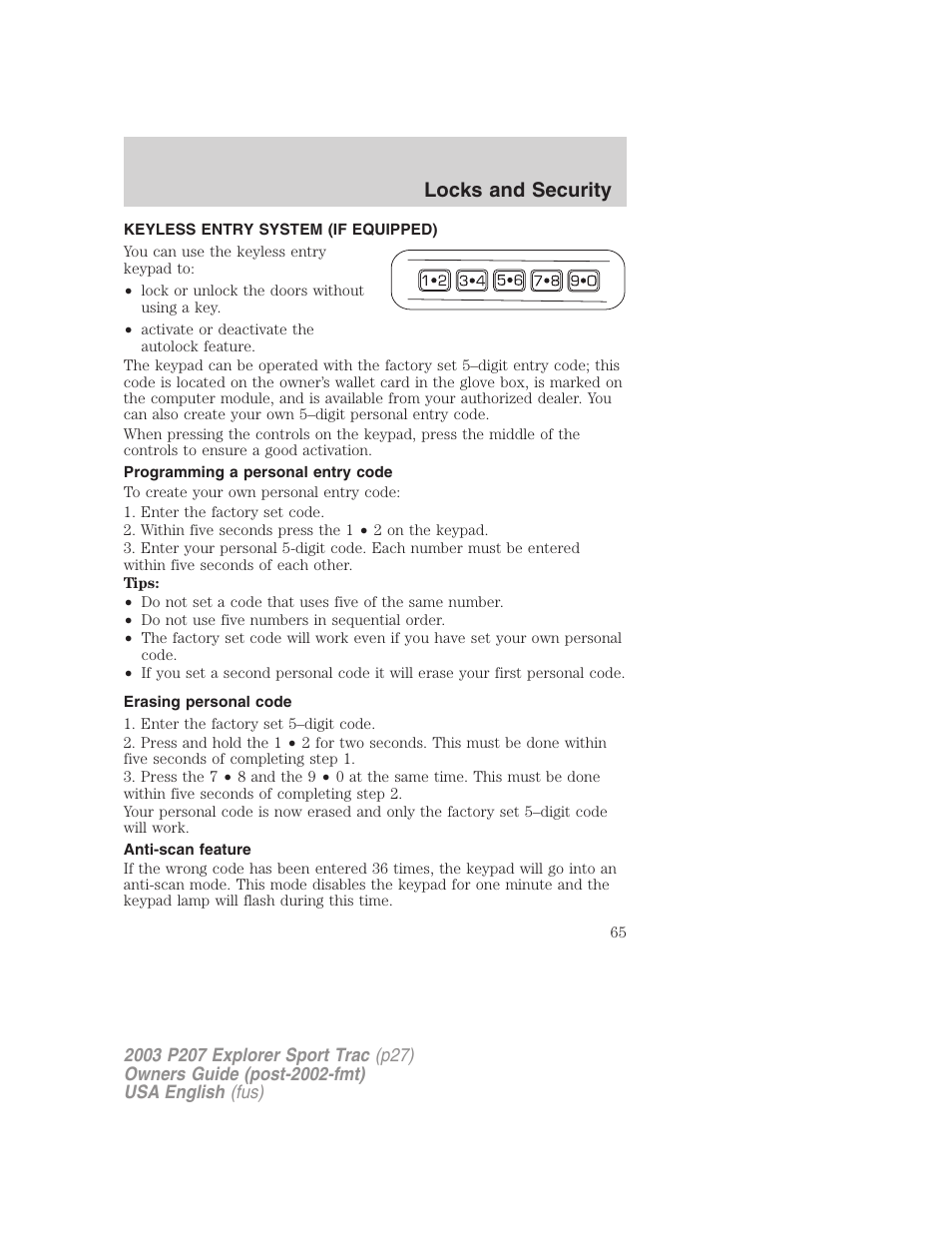 Locks and security | FORD 2003 Explorer Sport Trac v.4 User Manual | Page 65 / 216