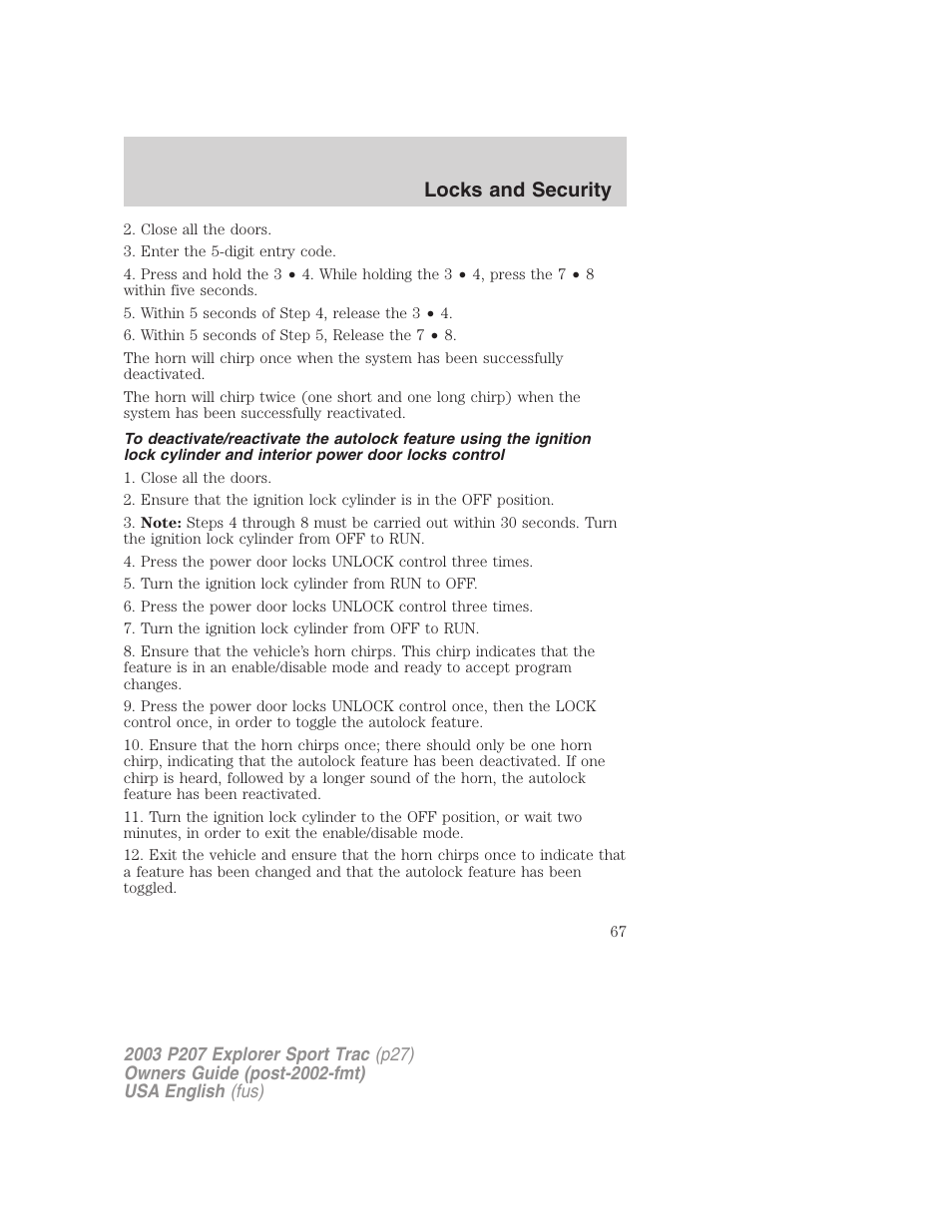Locks and security | FORD 2003 Explorer Sport Trac v.4 User Manual | Page 67 / 216