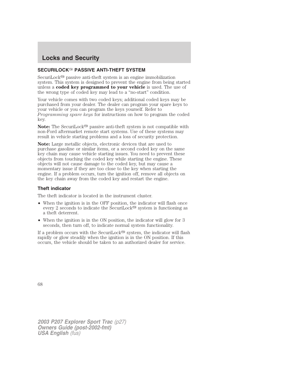 Locks and security | FORD 2003 Explorer Sport Trac v.4 User Manual | Page 68 / 216