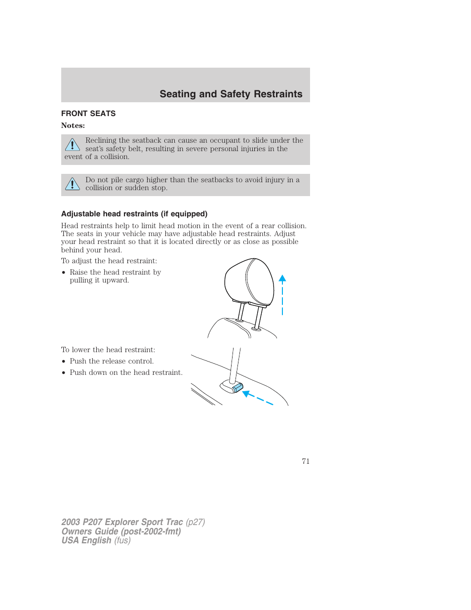 Seating and safety restraints | FORD 2003 Explorer Sport Trac v.4 User Manual | Page 71 / 216