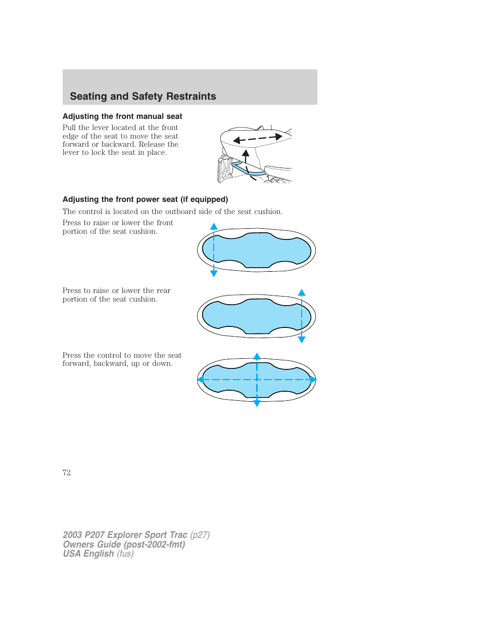 Seating and safety restraints | FORD 2003 Explorer Sport Trac v.4 User Manual | Page 72 / 216