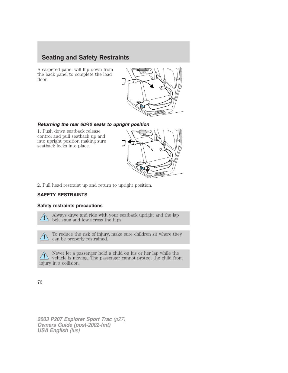 Seating and safety restraints | FORD 2003 Explorer Sport Trac v.4 User Manual | Page 76 / 216