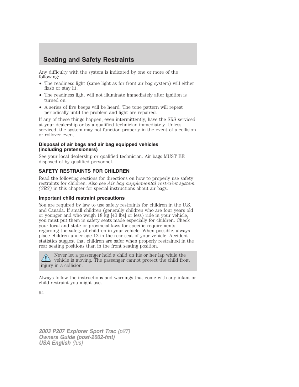 Seating and safety restraints | FORD 2003 Explorer Sport Trac v.4 User Manual | Page 94 / 216