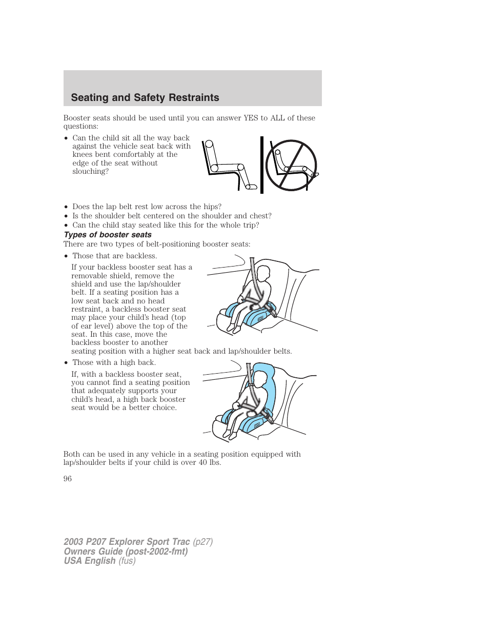 Seating and safety restraints | FORD 2003 Explorer Sport Trac v.4 User Manual | Page 96 / 216