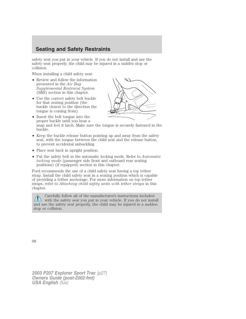 Seating and safety restraints | FORD 2003 Explorer Sport Trac v.4 User Manual | Page 98 / 216