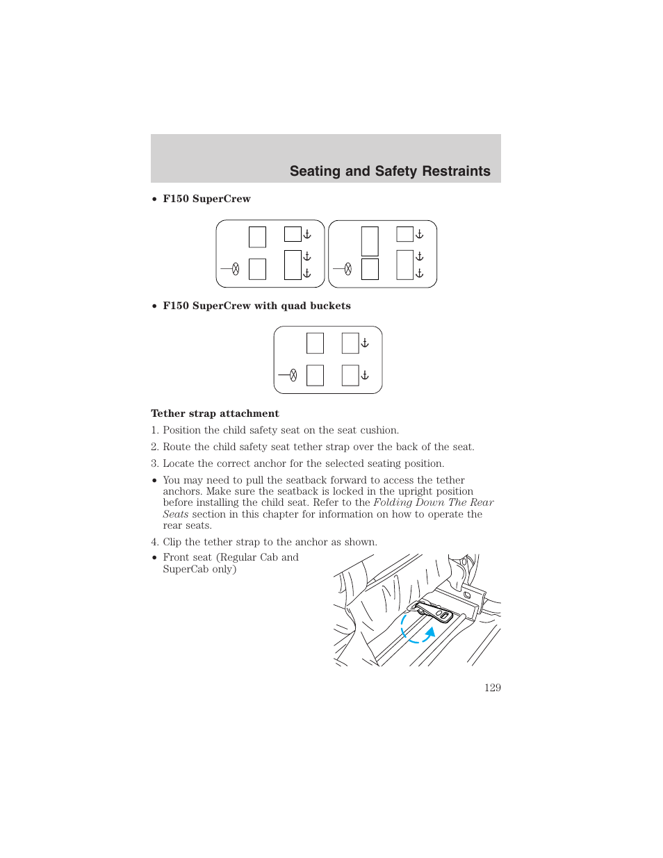 Seating and safety restraints | FORD 2003 F-150 v.1 User Manual | Page 129 / 280