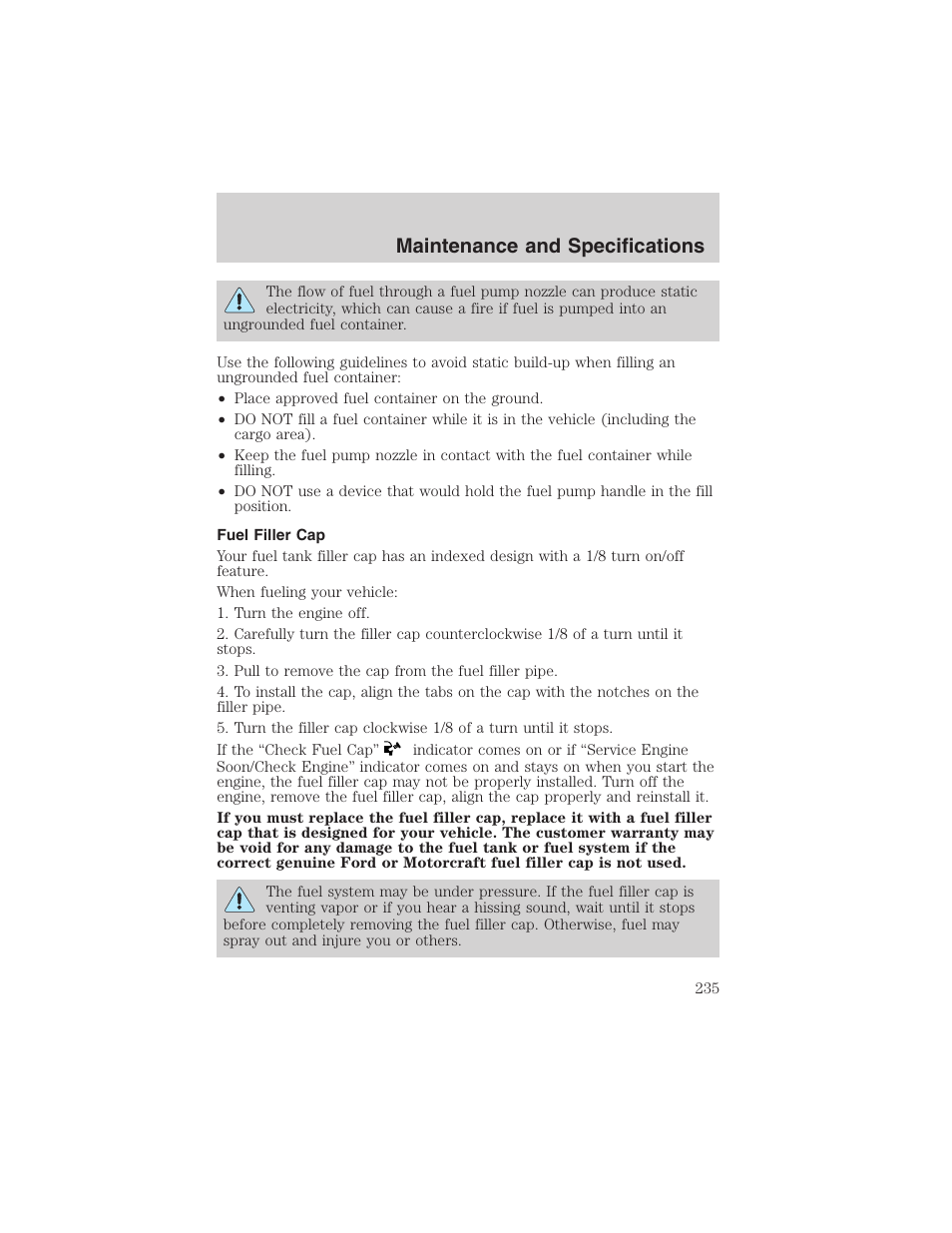 Maintenance and specifications | FORD 2003 F-150 v.1 User Manual | Page 235 / 280