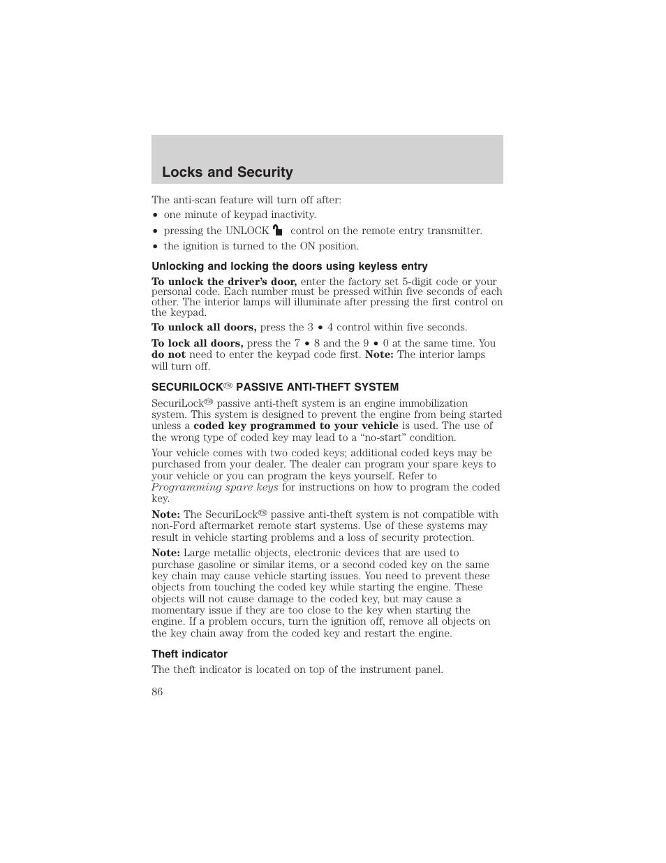 Locks and security | FORD 2003 F-150 v.1 User Manual | Page 86 / 280