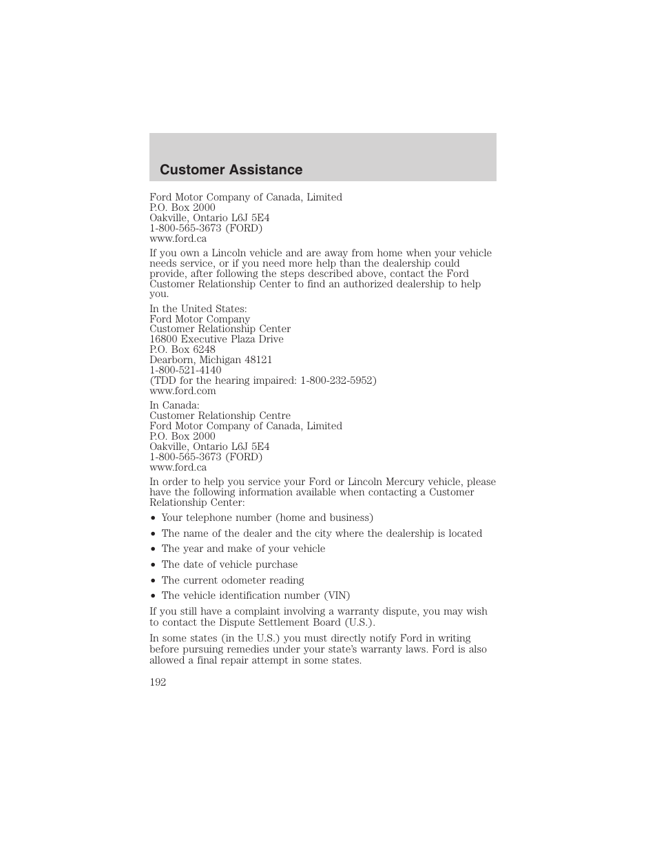 Customer assistance | FORD 2003 F-150 v.2 User Manual | Page 192 / 272