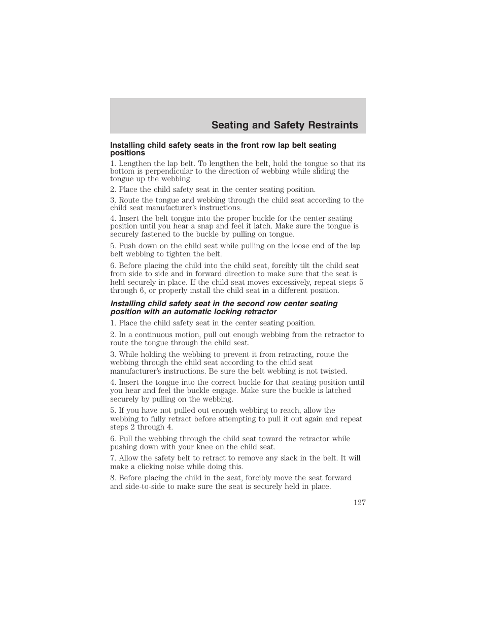 Seating and safety restraints | FORD 2003 F-150 v.3 User Manual | Page 127 / 280