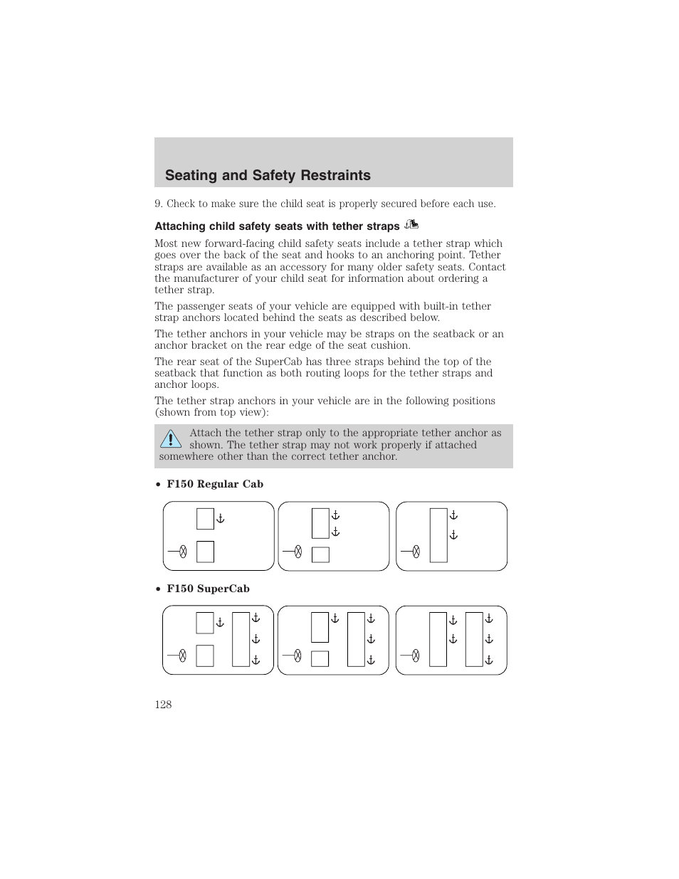 Seating and safety restraints | FORD 2003 F-150 v.3 User Manual | Page 128 / 280