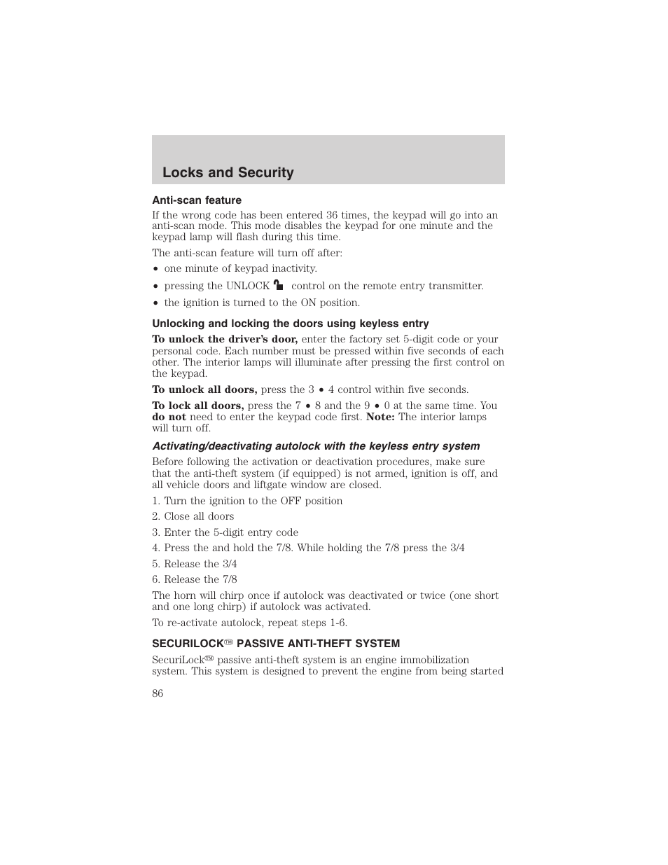 Locks and security | FORD 2003 F-150 v.3 User Manual | Page 86 / 280