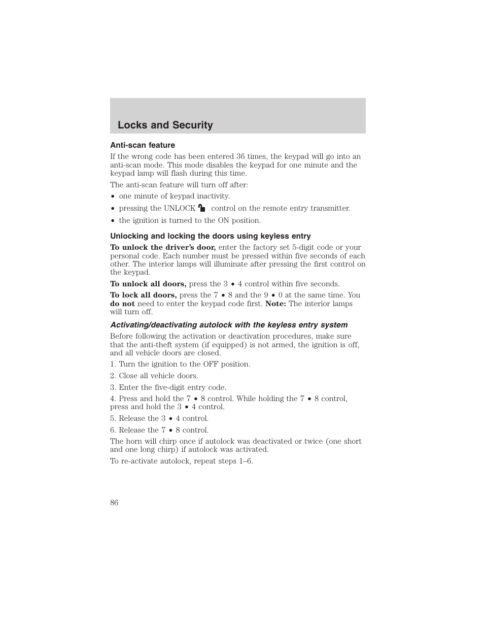 Locks and security | FORD 2003 F-150 v.4 User Manual | Page 86 / 280