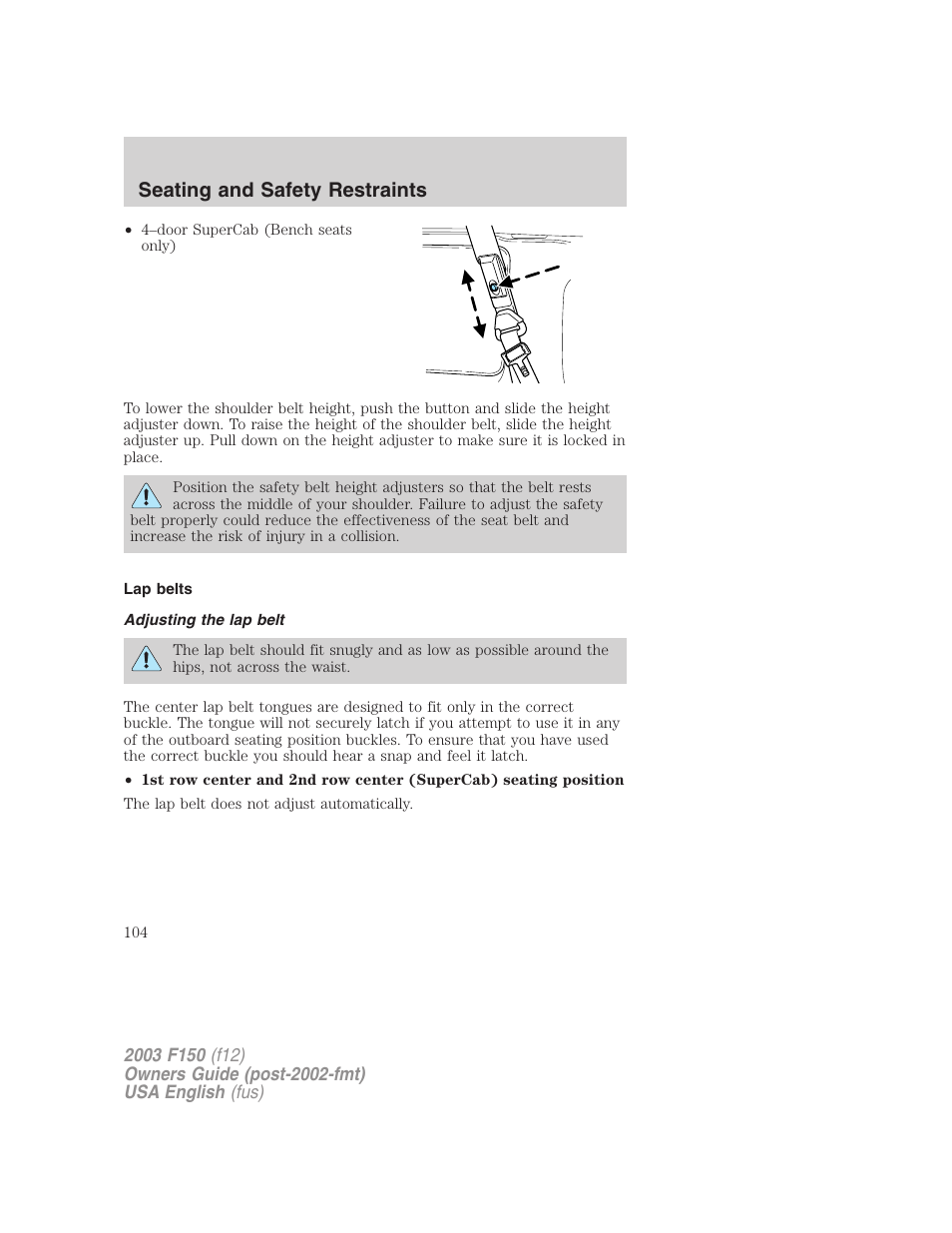 Seating and safety restraints | FORD 2003 F-150 v.5 User Manual | Page 104 / 280