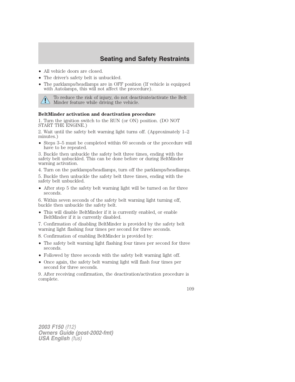 Seating and safety restraints | FORD 2003 F-150 v.5 User Manual | Page 109 / 280