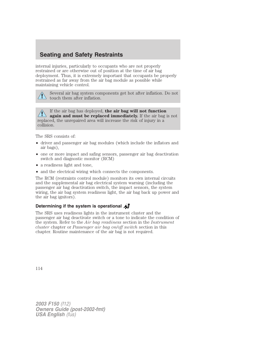 Seating and safety restraints | FORD 2003 F-150 v.5 User Manual | Page 114 / 280