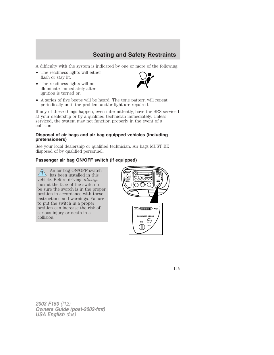 Seating and safety restraints | FORD 2003 F-150 v.5 User Manual | Page 115 / 280