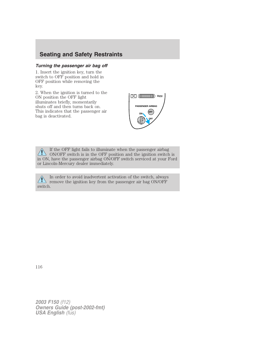 Seating and safety restraints | FORD 2003 F-150 v.5 User Manual | Page 116 / 280