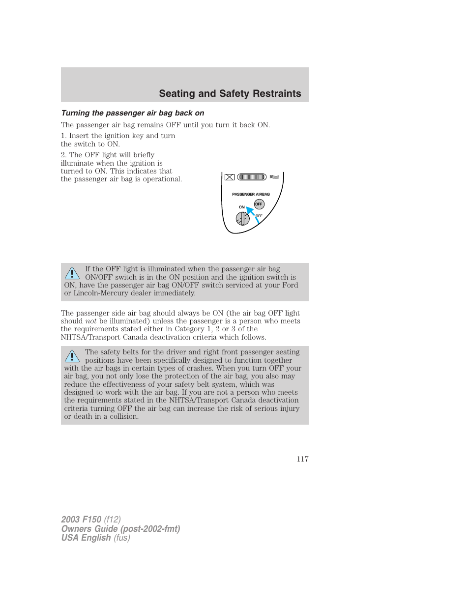 Seating and safety restraints | FORD 2003 F-150 v.5 User Manual | Page 117 / 280