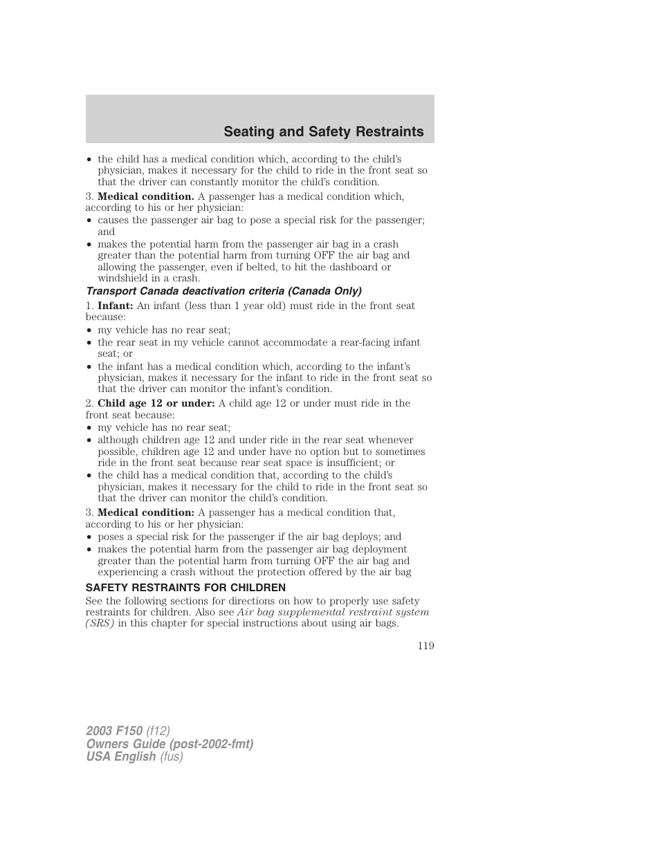 Seating and safety restraints | FORD 2003 F-150 v.5 User Manual | Page 119 / 280