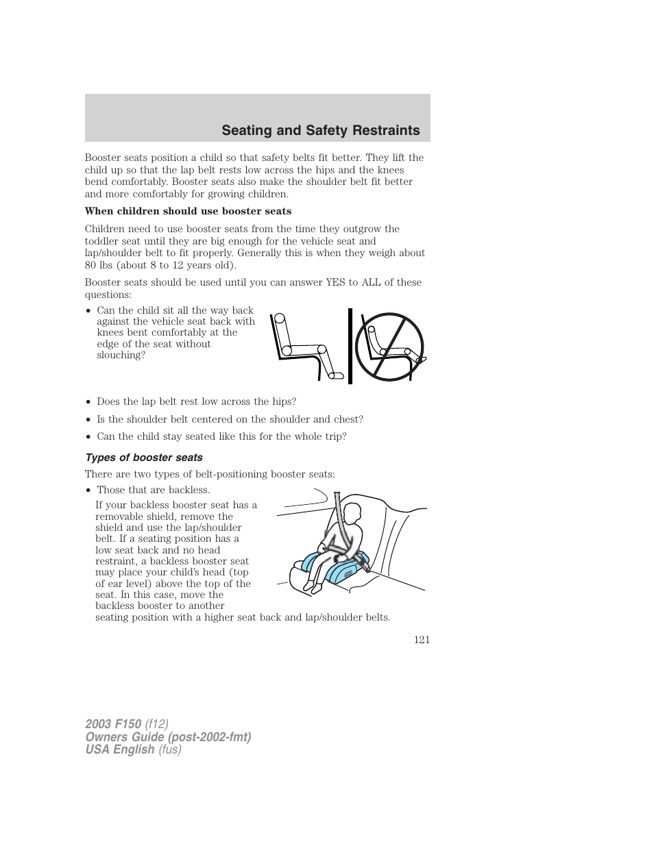 Seating and safety restraints | FORD 2003 F-150 v.5 User Manual | Page 121 / 280