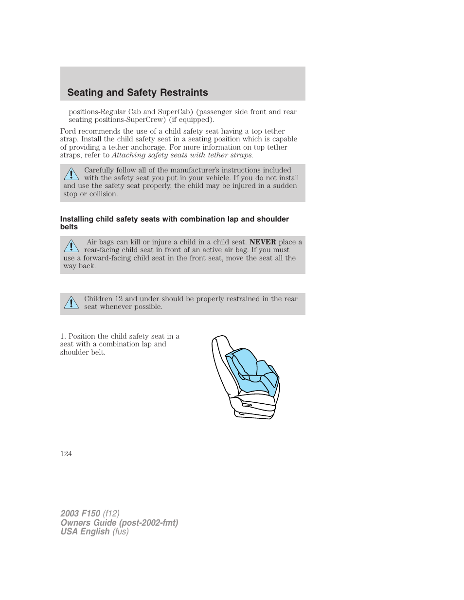 Seating and safety restraints | FORD 2003 F-150 v.5 User Manual | Page 124 / 280