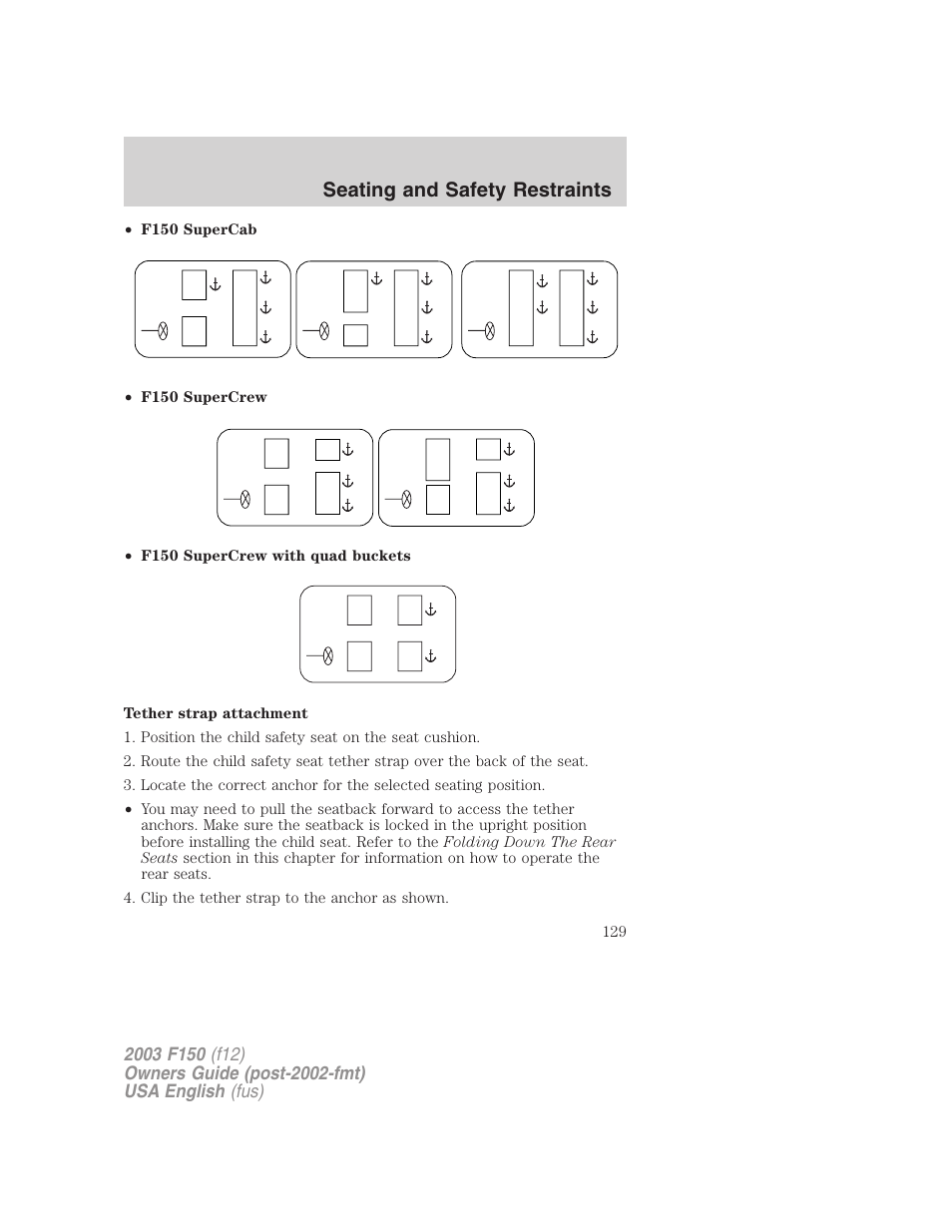 Seating and safety restraints | FORD 2003 F-150 v.5 User Manual | Page 129 / 280