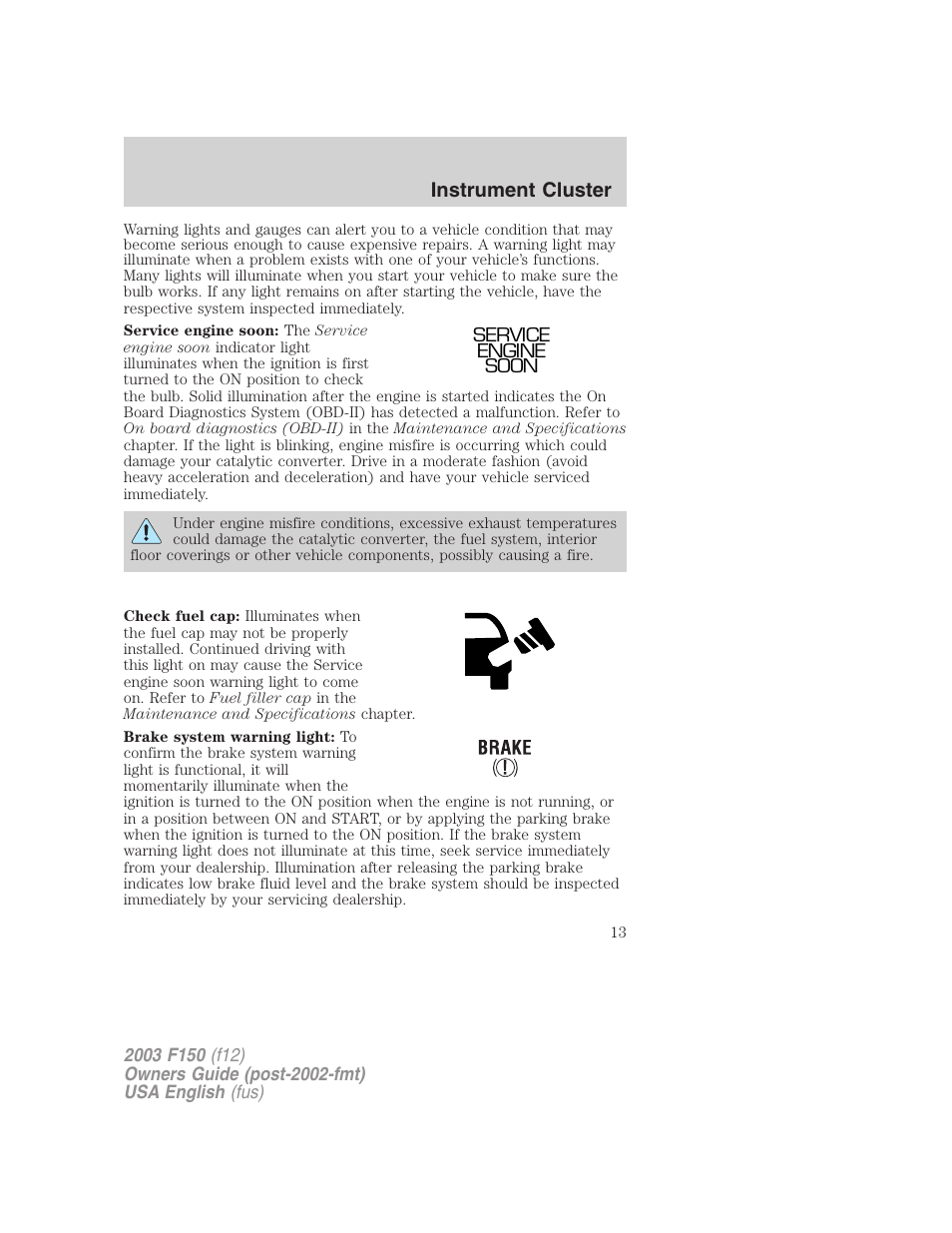 Instrument cluster | FORD 2003 F-150 v.5 User Manual | Page 13 / 280