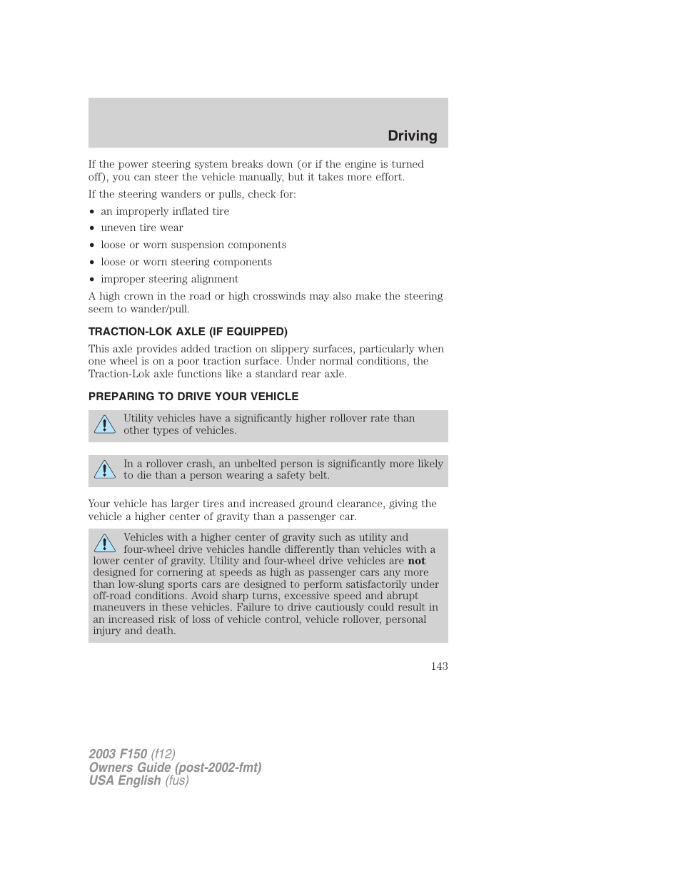 Driving | FORD 2003 F-150 v.5 User Manual | Page 143 / 280