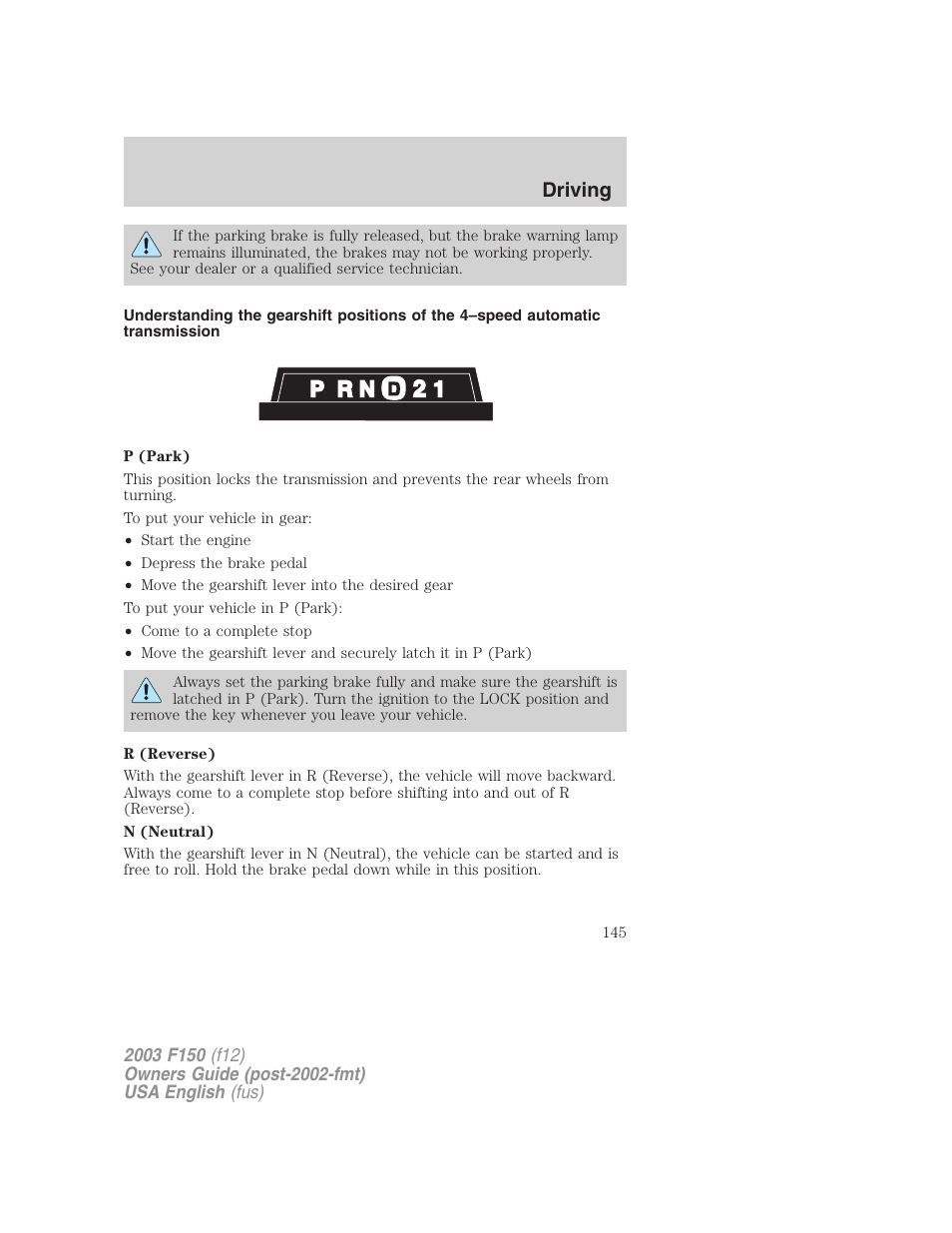 Driving | FORD 2003 F-150 v.5 User Manual | Page 145 / 280