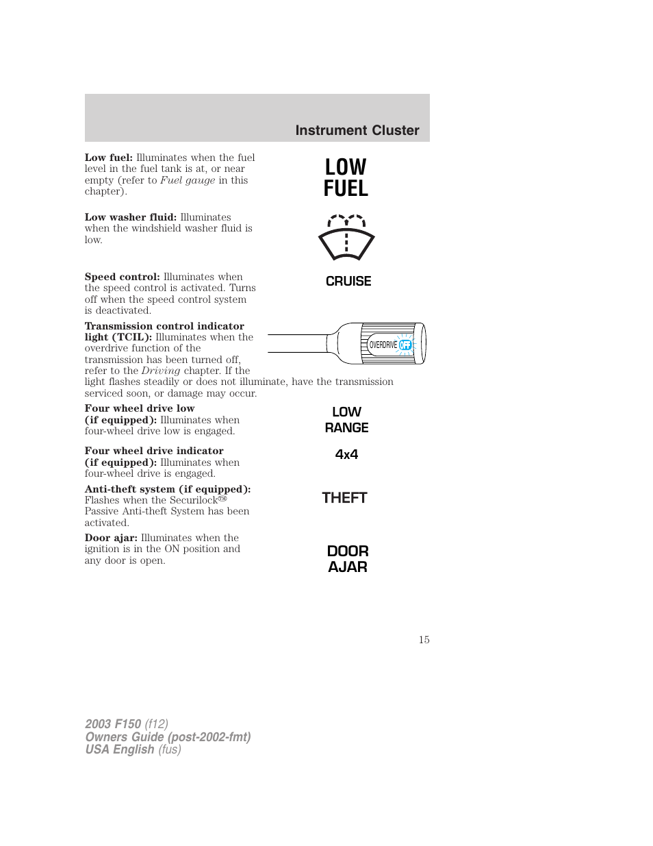 Low fuel | FORD 2003 F-150 v.5 User Manual | Page 15 / 280